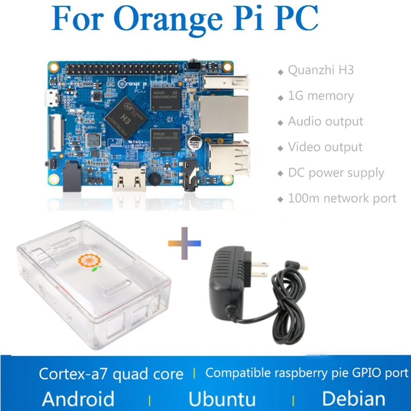 

For Orange Pi PC H3 Board 1GB DDR3+Transparent Case+5V 3A Charger Cortex-A7 Quad Core Run Android 4.4/Ubuntu US Plug