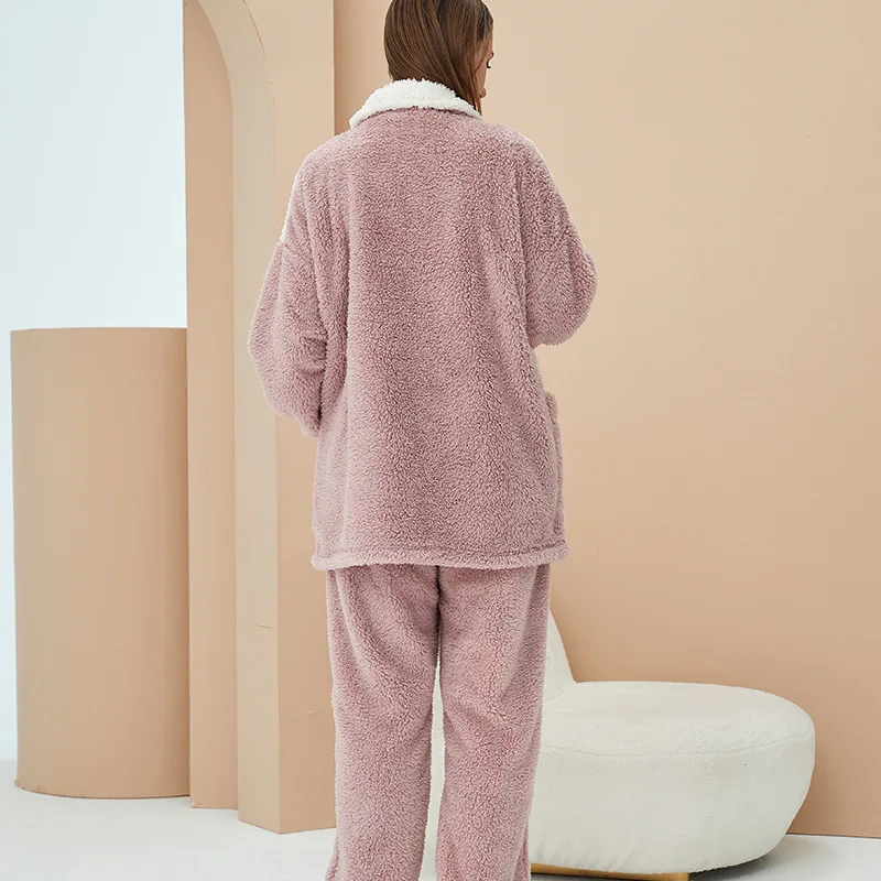 Winter Loungewear Contrasting Skinny Coral Fleece Pajamas Women's Winter Thick Lamb Fleece Flannel Loungewear