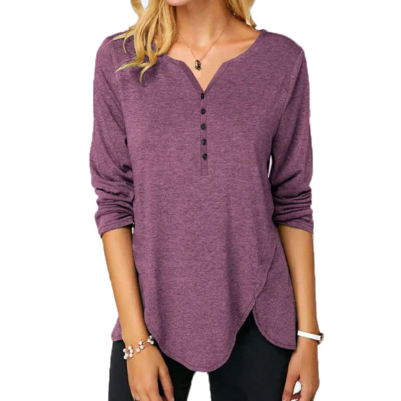 

Women V Neck Long Sleeve Button Solid Color Tunic T Shirt Fashion Casual Loose Cotton Irregular Pullover Top Female Clothing2022