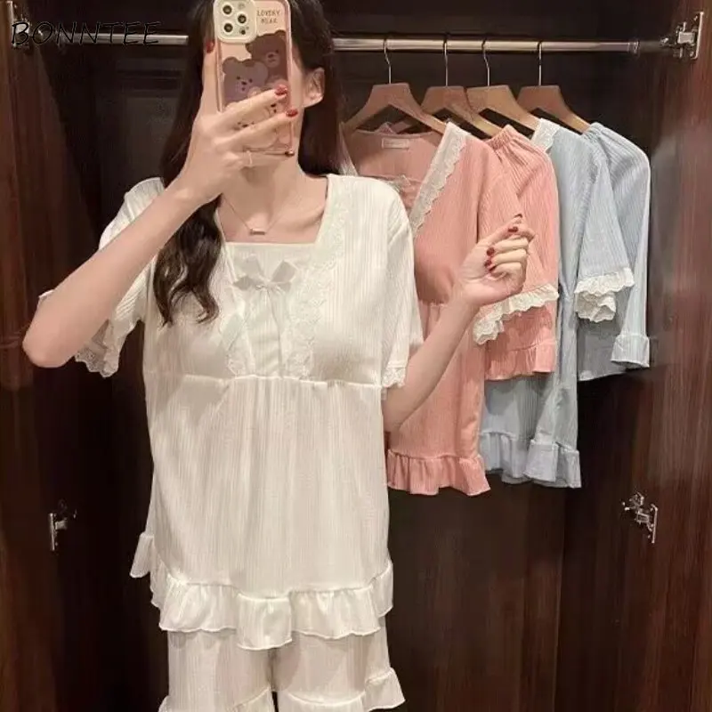 

Kawaii Pajama Sets Students Summer New Korean Style Age-reducing Loose Comfort Harajuku Sleepwear Thin Gentle Ins with Chest Pad