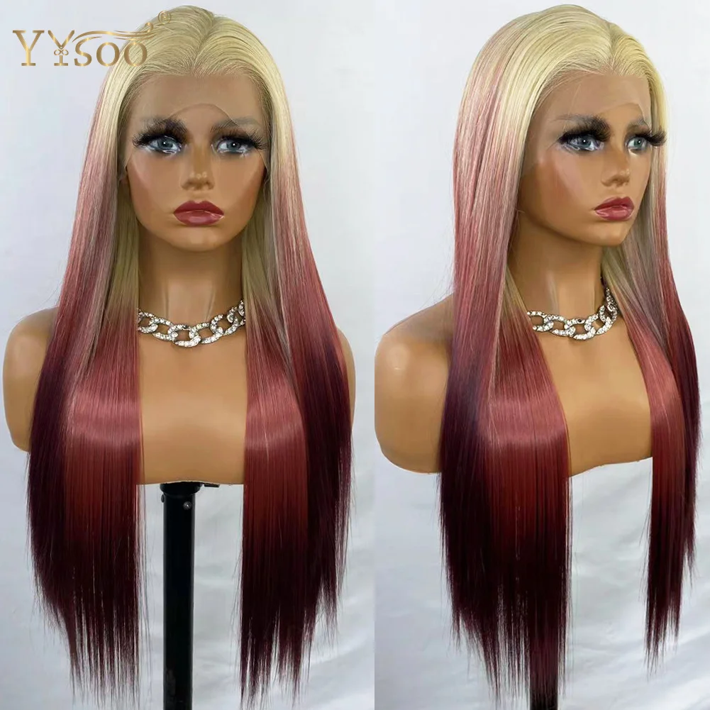 YYsoo13x4 Long Silky Straight Futura Synthetic Lace Front Wigs 613# Ombre Red Glueless Pre Plucked Half Hand Tied Wigs For Women
