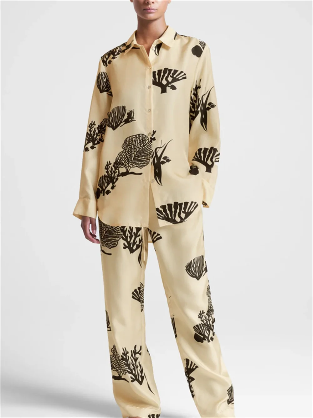

Женская шелковая блузка с принтом кораллового рифа, однобортная рубашка с длинным рукавом и отложным воротником, лето 100%