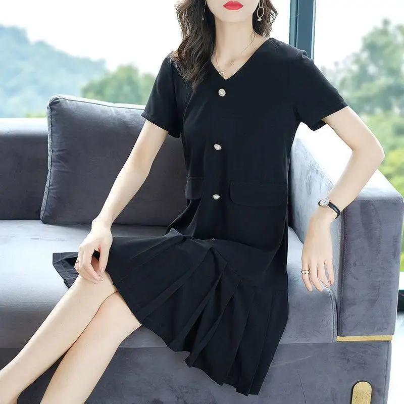 

dress Korean 2022 summer new style slimming long loose retro fishtail Mid-Calf Pockets A-LINE Casual Cotton