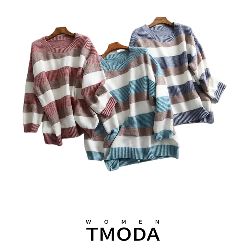 TMODA Za 2021 Winter Women Sweater Oversized Striped Top Casual Loose Knitted Pullover Female Korean Style Jumper Pull Femme | Женская