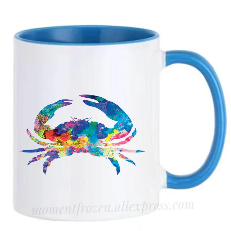 

Watercolor Crab Mugs Handle Tea Cocoa Coffee Cups Nautical Art Fisher Sea Sailor Drinkware Coffeeware Home Decor Birthday Gifts