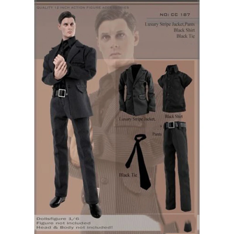 

1/6 Scale CC187 Men's Black Striped Suit Coat Pants Tie and Shirt Set Models For 12'' Figures Bodies Accessories