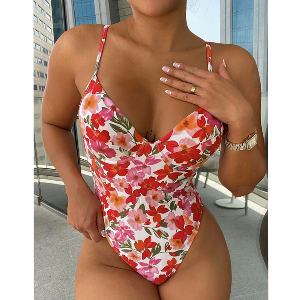 

2023 European And American Swimwear Printed Steel Top Bikini Sexy One Piece Swimsuit