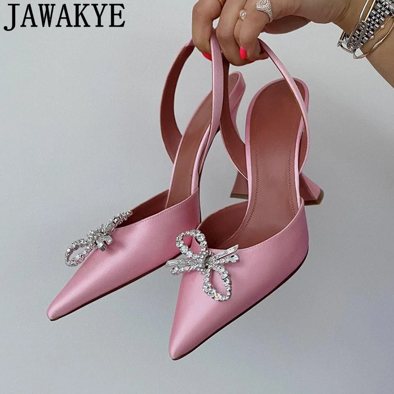 

Satin Goblet Heels Crystal Bowknot Women Shoes Pointed Toe Slingback Designer Shoes Spring 2022 Sexy Party Wedding Shoes Female