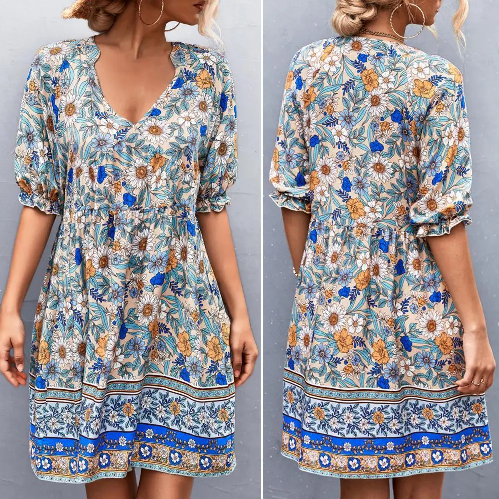 

Mini Dress V Neck Bohemian Short Sleeve Floral Print Women Short Dress for Date