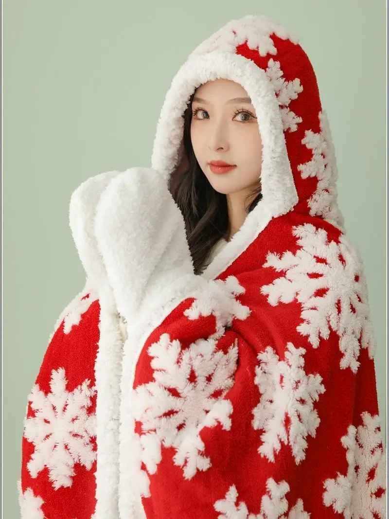 

Christmas Snowflake Hooded Bathrobe Pajamas Fleece Nightwear Winter Women Warm Thick Coral Velvet Home Wear Nightgown Sleep Wear