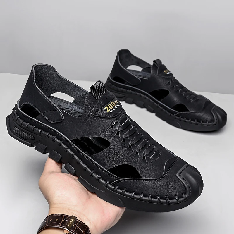 

Genuine Leather Men Sandals Summer Beach Sandals Handmade Men Slippers Shoes High Quality Hand Sewn Outdoor Men Roman Sandals