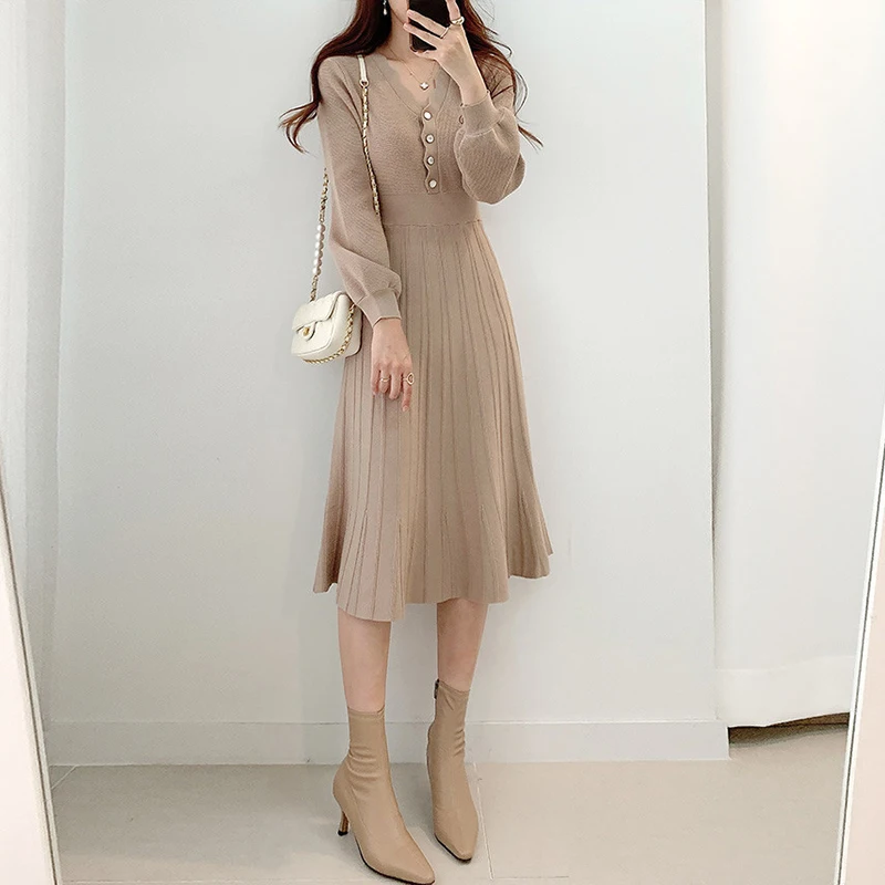 

Knitted Korean Style Ins Temperament Autumn Winter All-match Waist Thin V-neck Long-sleeved Bottoming Mid-length Sweater Skirt