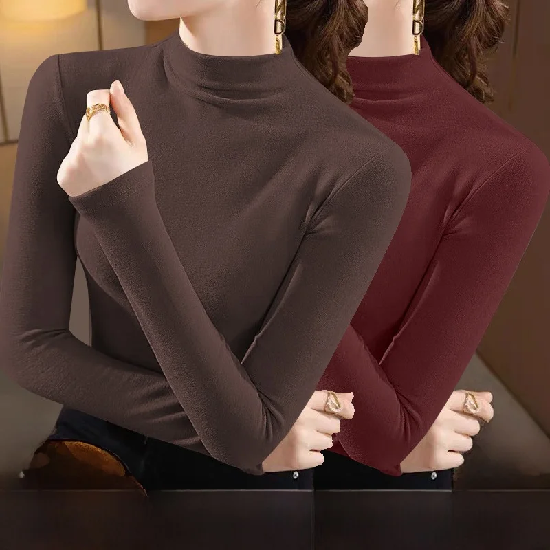 Dralon Ankela Red Half-high Collar Bottoming Shirt Women Inner wear Autumn and Winter New Slim fit Outer Wear Long sleeves Sh...