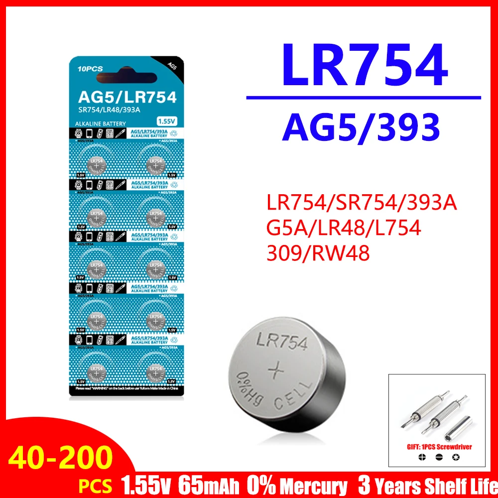 40-200 шт. AG5 LR754 1 55 В батарея D309 D393 G5 G5A L754 LR48 RW28 SR48 кнопка типа таблетка для часов