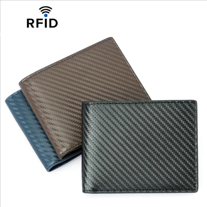 

Genuine Leather Men's Card Holder Carbon Fiber Grain Anti-theft Brush Wallet Cowhide Short RFID Wallet Designer Money Bag