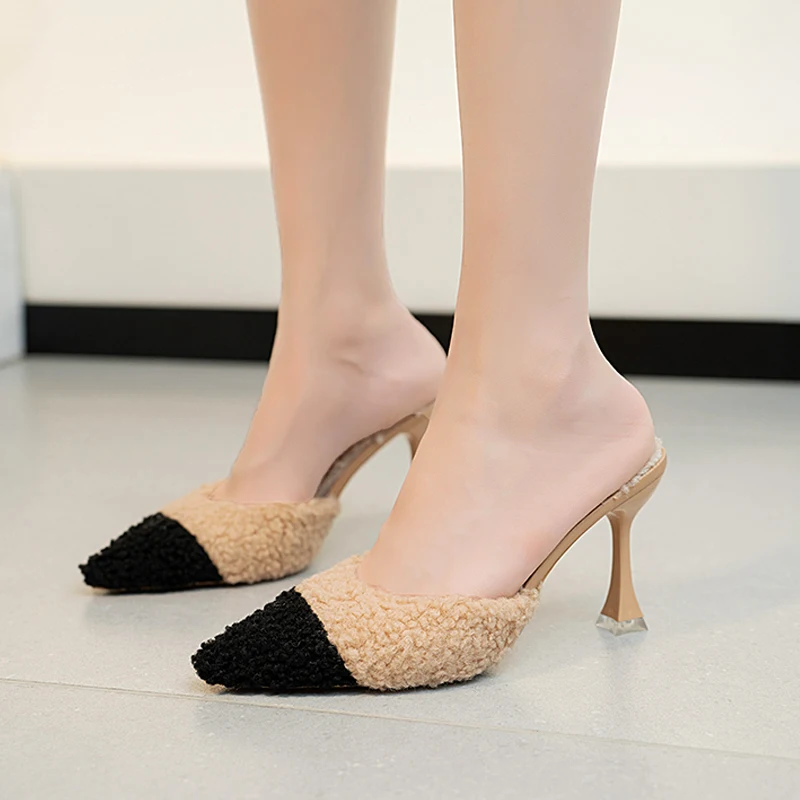 

Elegant Furry Mule Slides Woman Classic Point Toe Mix Color Fleece Slippers Ladies Winter Evening Party Stiletto Plush Pump Shoe