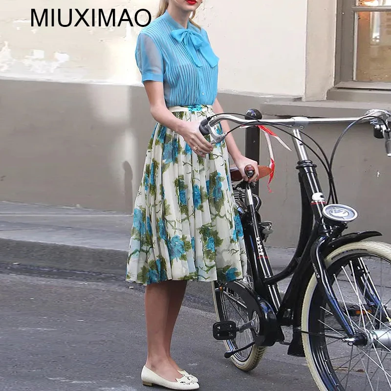 

Женский комплект из двух предметов MIUXIMAO, элегантный комплект из рубашки с коротким рукавом и бантом и юбки с принтом, Осень-зима 2022