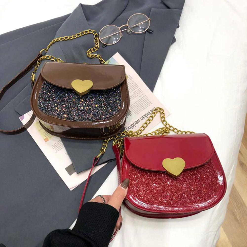 

PU Leather Glitter Saddle Crossbody Shoulder Bag Ladies Retro Semicircle Chain Flap Handbag Female Single Shoulder Pouch