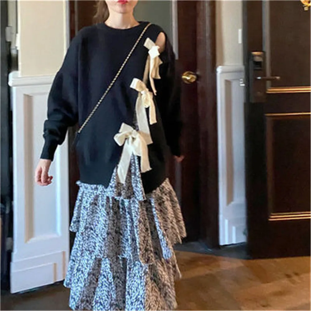 

Sweet Bow Sweaters Women Girl Irregular Loose Casual Knitted Pullovers Autumn Warm Oversize Fashion Knitwear Jumpers Cloth Tops