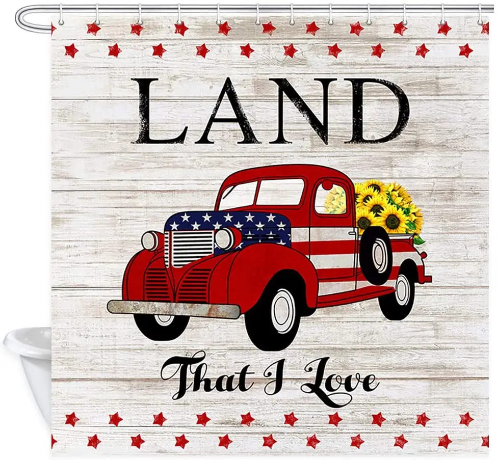 

Farmhouse Shower Curtain Land That I Love American Flag Farm Truck Sunflowers Rustic Wooden Patriotic Bath Curtains with Hooks