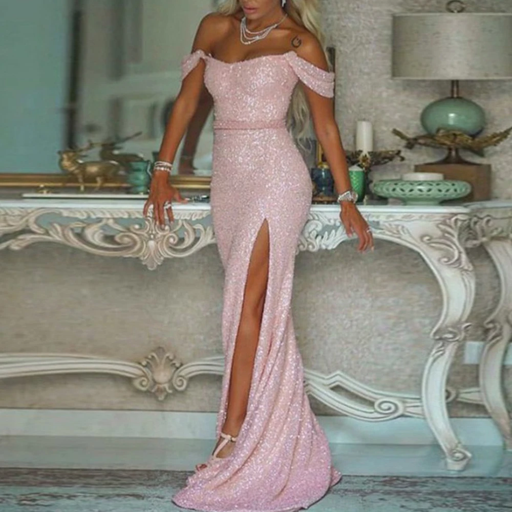 

Mermaid Evening Dresses Long Luxury 2022 Sleeveless Side Split Sequins Prom Gowns Gorgeous Off the Shoulder Sexy Celebrity Dress
