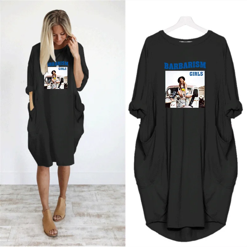 

Summer Dresses 2022 Kawaii Print Long Sleeves O Neck Big Pockets Big Dress Women 2022 Loose Casual Fashion Clothes Beach Style