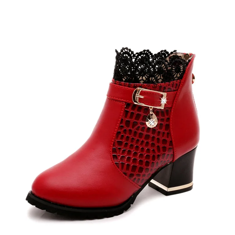 

Autumn Winter New Lace Fashion High Heels Women Shoes Woman Boots Ankle Casual Ladies Boot Metal Rhinestone Red