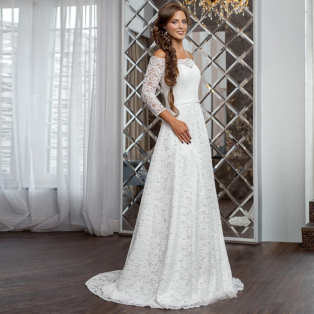 

Bohemain Lace Wedding Dress Off Shoulder Long Sleeves Sweep Train Simple Bridal Gown A Line Button Back Robe De Soriee Femme