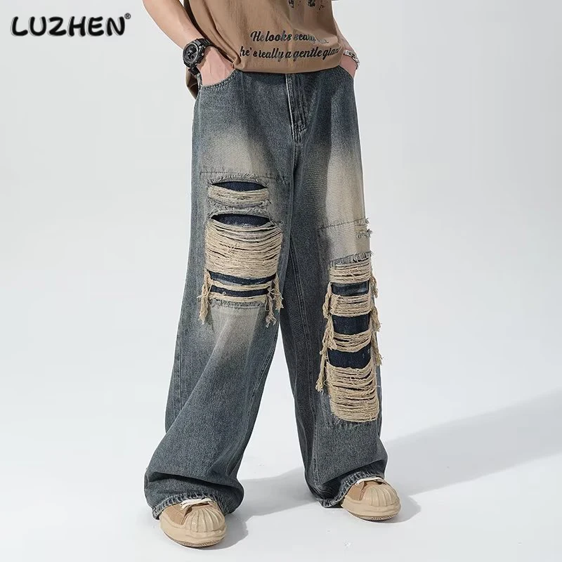 

LUZHEN American Fashion Loose Wornout Broken Hole Niche Design Men Jeans High Street Wear 2023 New Trendy Straight Pants 500674