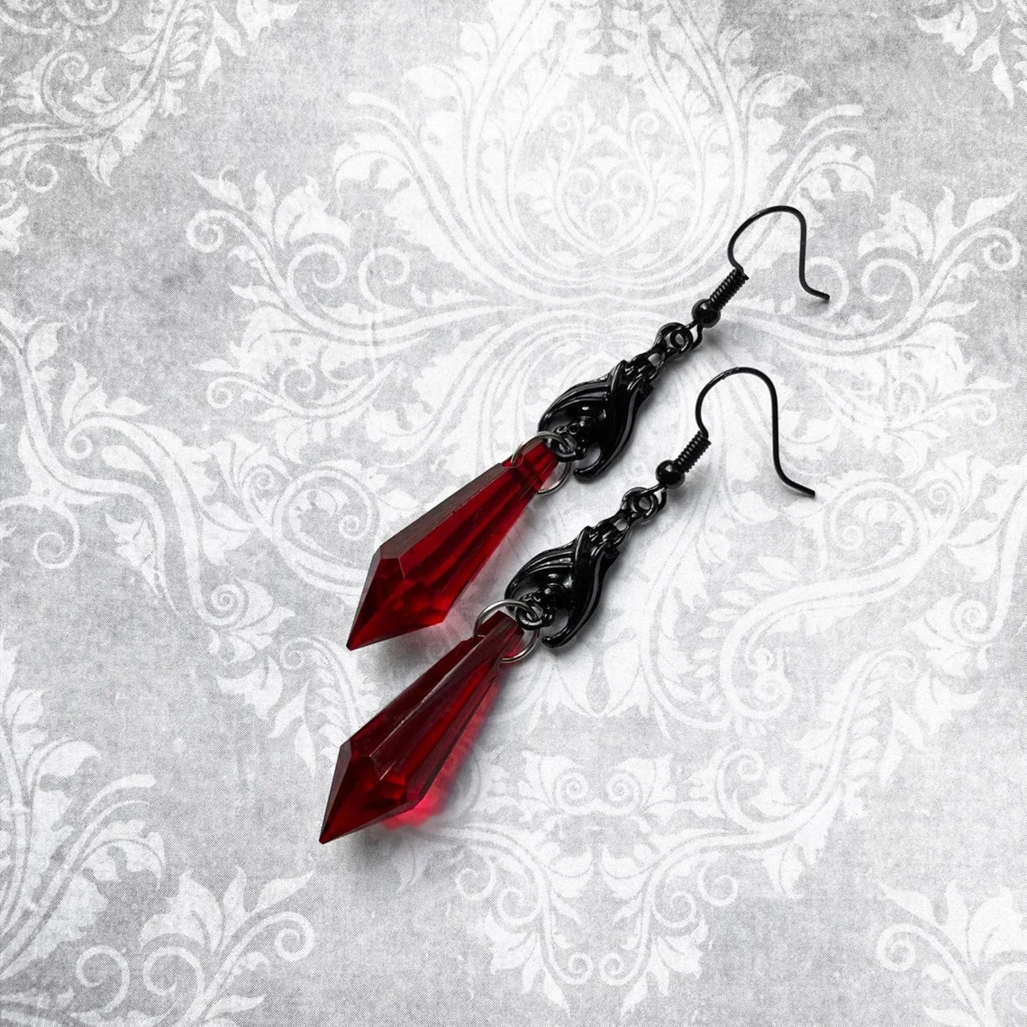 

Gothic Retro Style Earrings Red Crystal with Dark Bat Mysterious and Fantastic