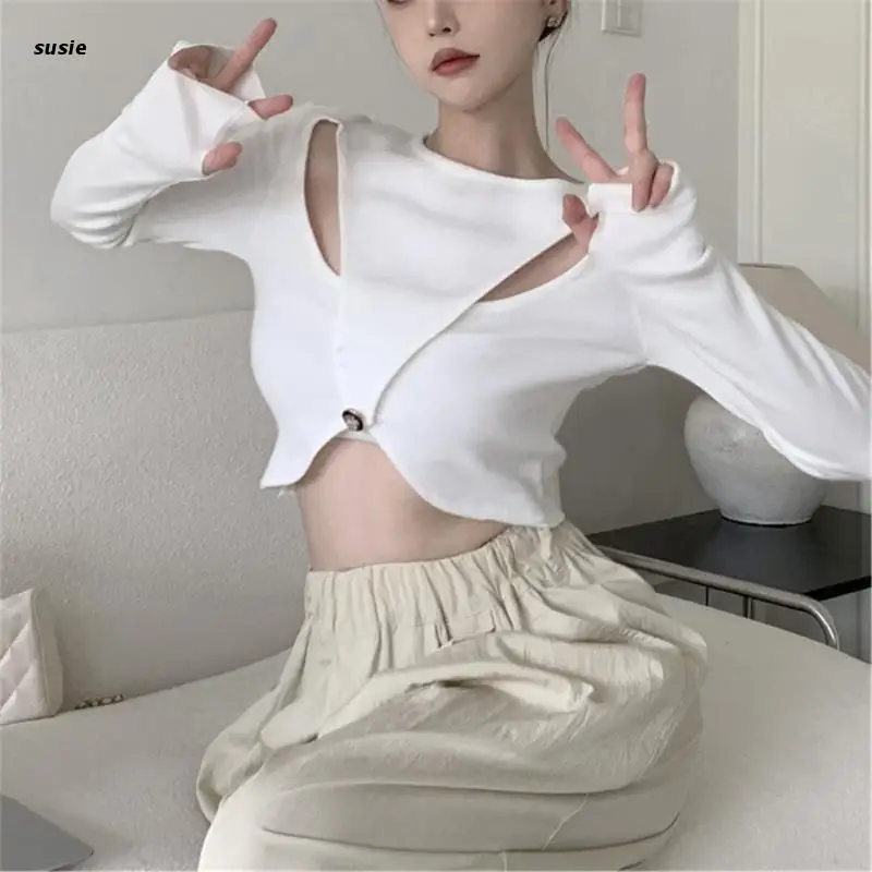 

X7YA Women Fall O-Neck Long Sleeve Cropped Sweater Solid Color Sexy Hollow Out Patchwork Slim Fit Basic Pullover Top T-Shirt