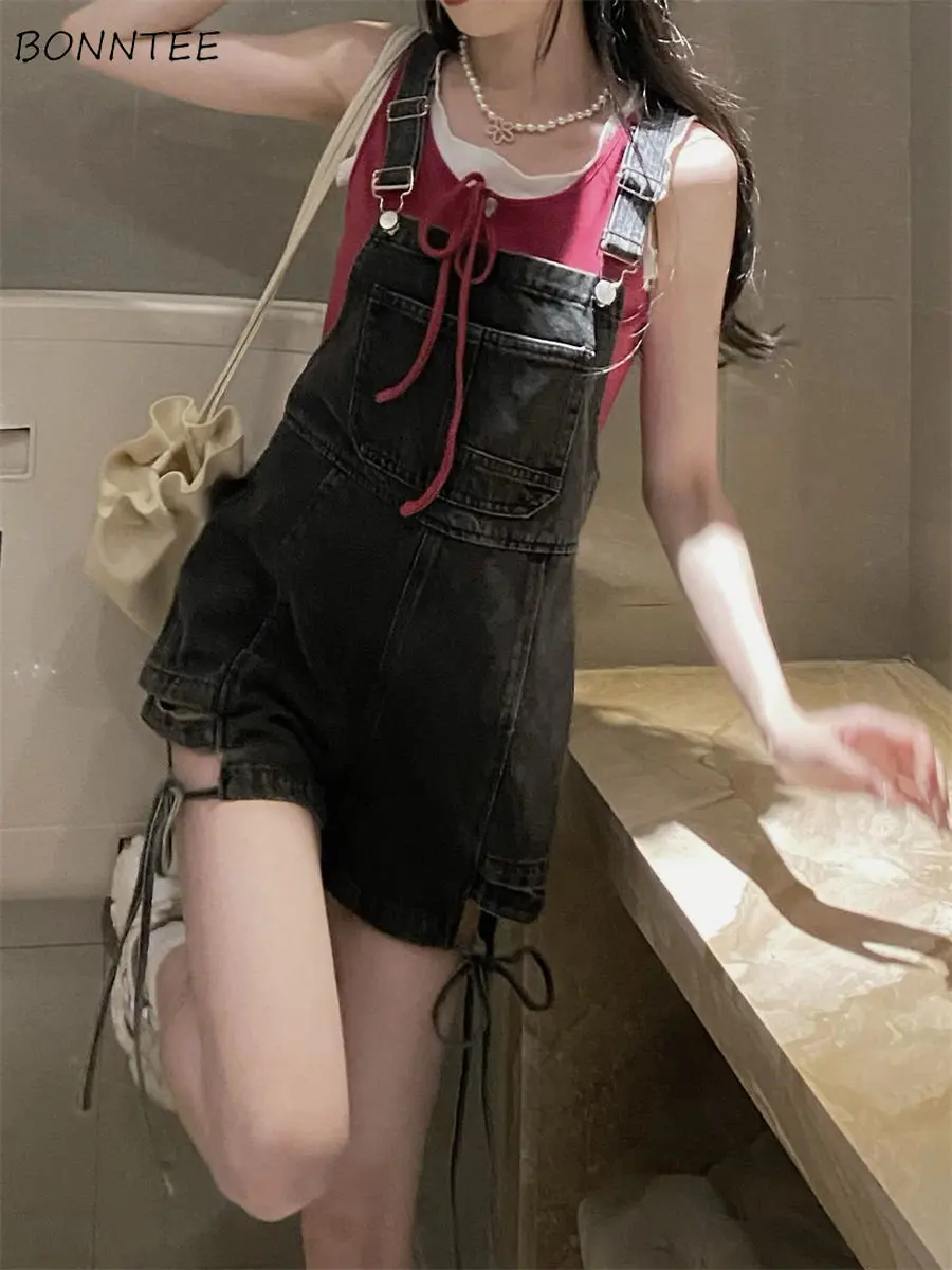 

Rompers Women Vintage Denim Strap Summer Students High Waist Trendy Vaqueros All-match Harajuku Aesthetic Streetwear Clothing