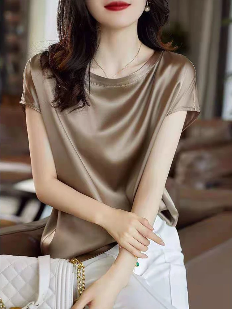 

Silk Short Sleeve T Shirt Korean Camisole Women's Summer Dress Elegant Black Brown Top Solid Color Loose Casual Plus Size 4XL