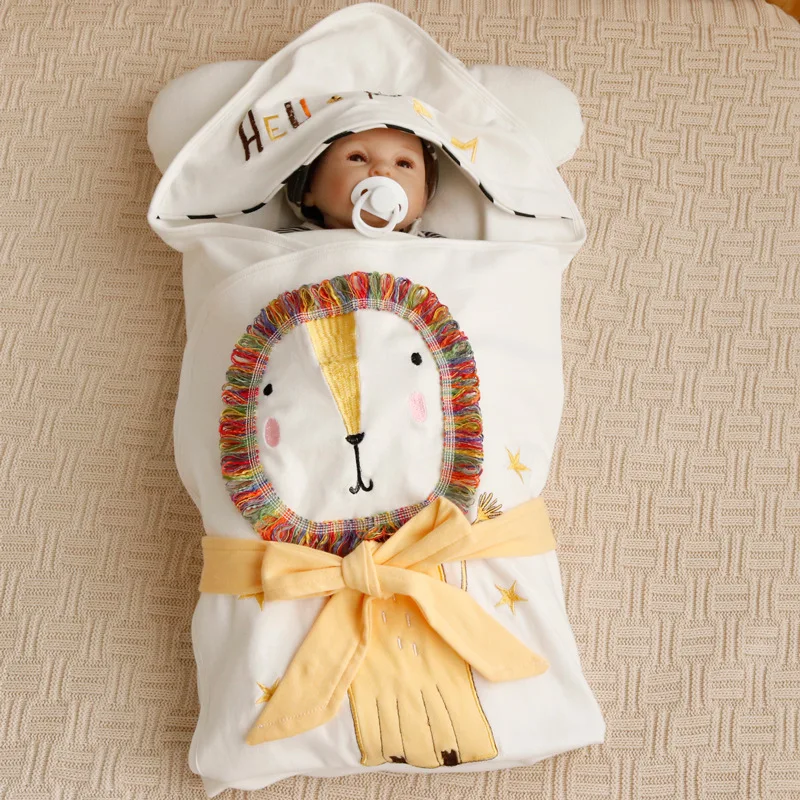 

Newborn Baby Knitting Cotton Blanket Summer Infant 2-layer Cartoon Lion Swaddling Hooded Sleeping Bag For Toddler Stroller Quilt