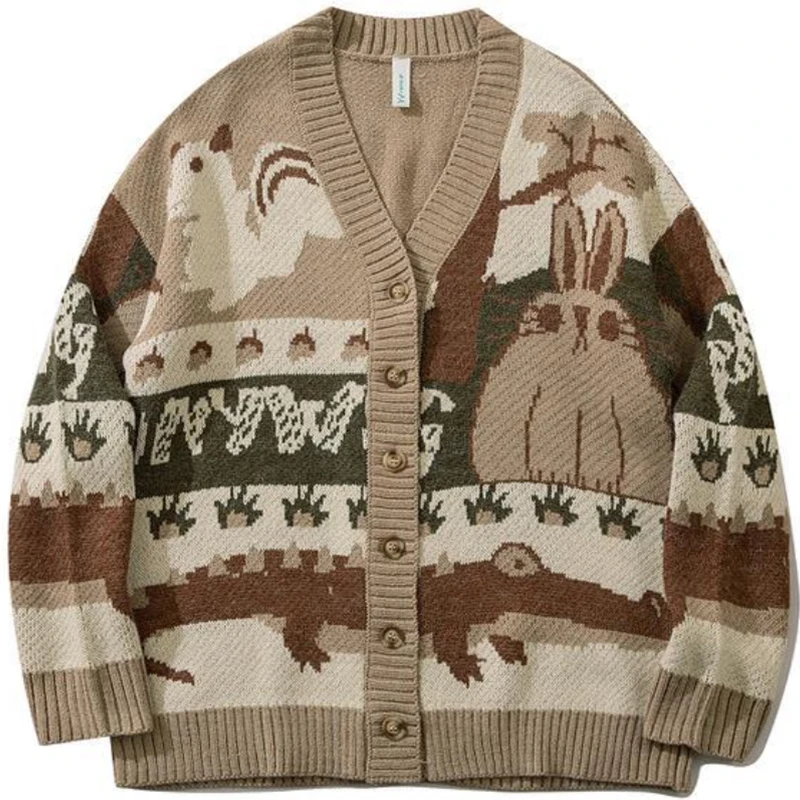 

Khaki Cartoon Vintage Cardigan Sweater Rabbit Crocodile Squirrel Graphic Knitted Sweater Kawaii Women Men Casual Knitted Jacket