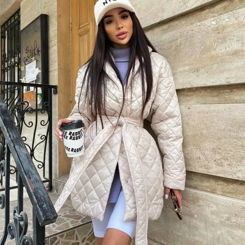 K 2022 New Winter Lapel Collar Long Sleeve Solid Color Belt Loose Coat For Laides Fashion Plaid Chic Warm Jacket