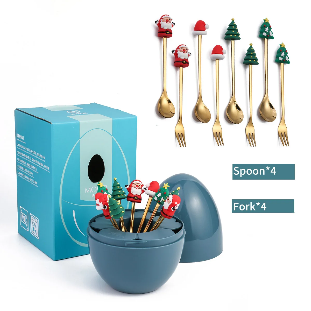 

8 Pieces Christmas Series Cutlery Set Dessert Fork Coffee Teaspoon Santa Claus Shape Tableware Container Gift Box