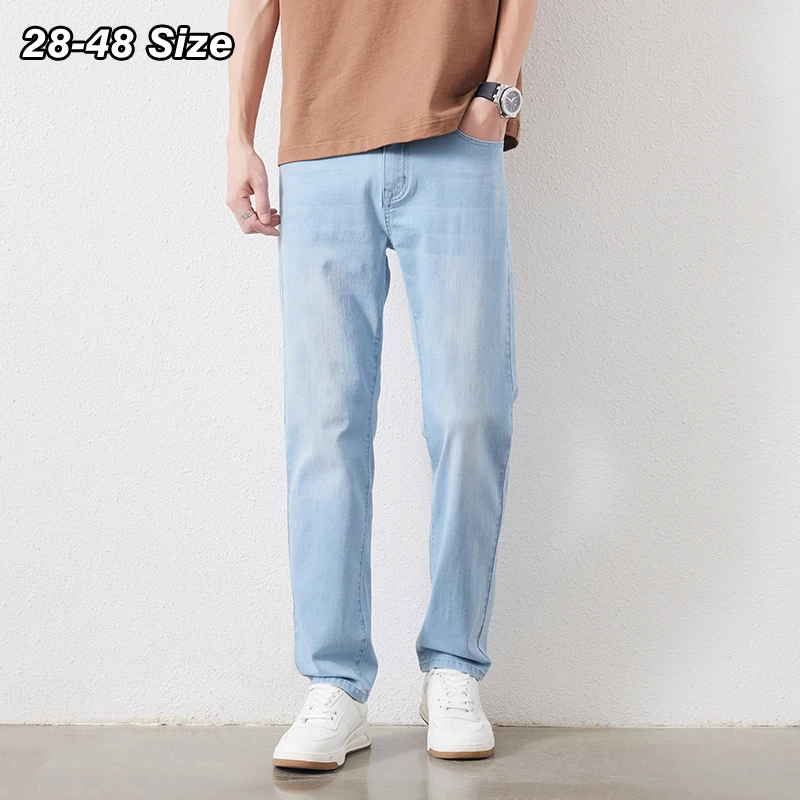 

Summer Thin Men's Jeans Plus Size Pants 44 46 48 Fashion Baggy Straight Elasticity Business Casual Denim Trousers Brand Clothing