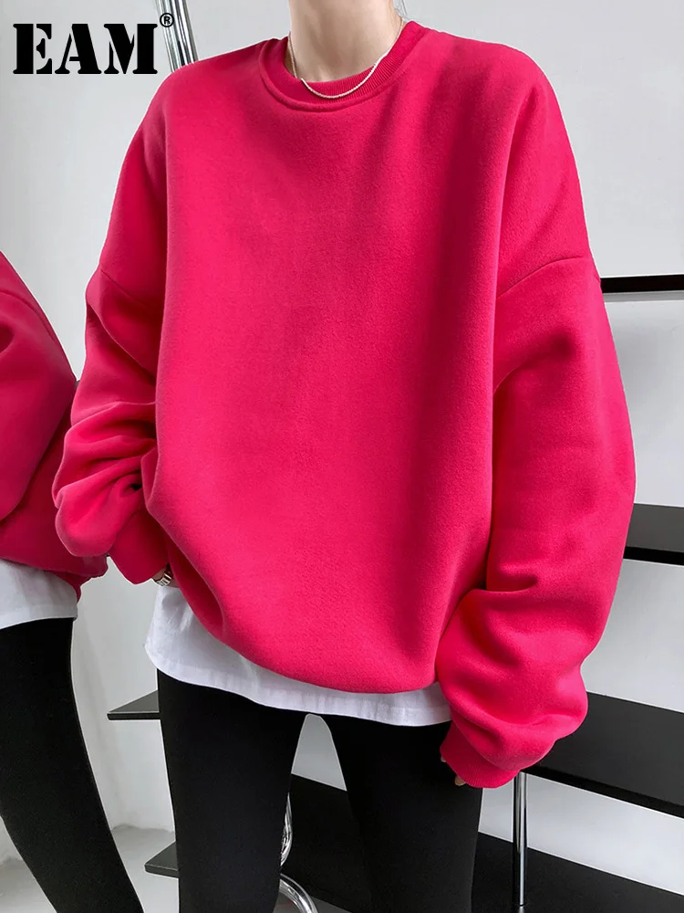 

[EAM] Loose Fit Red Thick Warm Sweatshirt New Round Neck Long Sleeve Women Big Size Fashion Tide Spring Autumn 2023 1DF3227