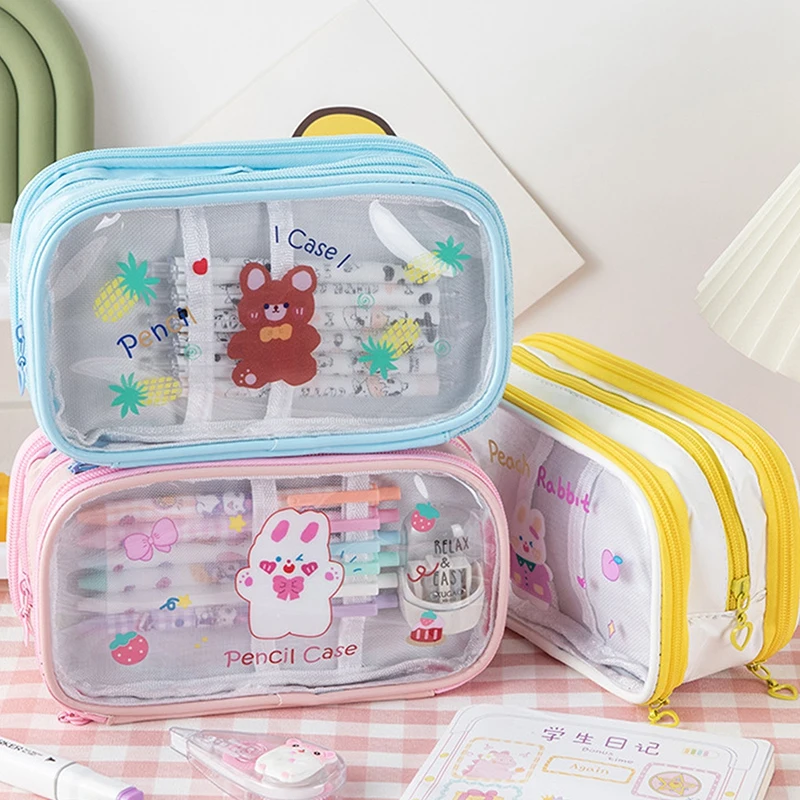 

Transparent Cartoon Bear Bunny Pencil Cases Huge Capacity 3 Layer Multifunctional Cosmetic Organizer Pouch Stationery