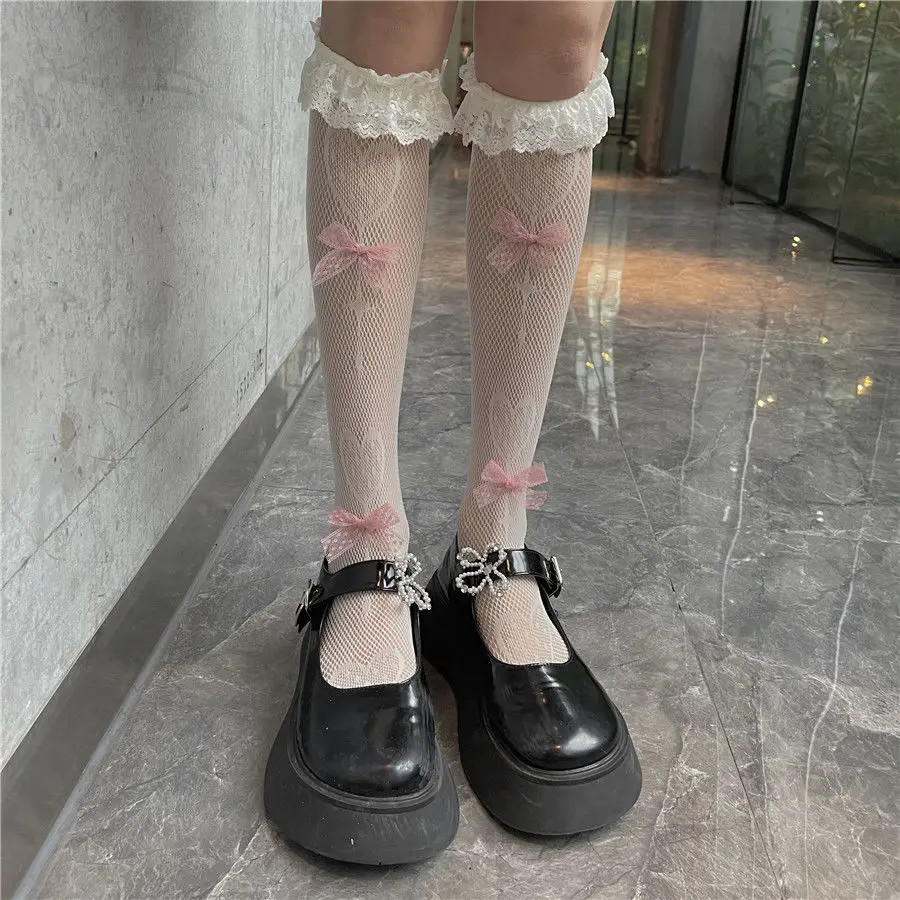 Lolita JK Love Bow Lolita Lace Long Socks Calf Jk Socks Female Summer Lace Socks Harajuku Accessories Knee High JK Socks