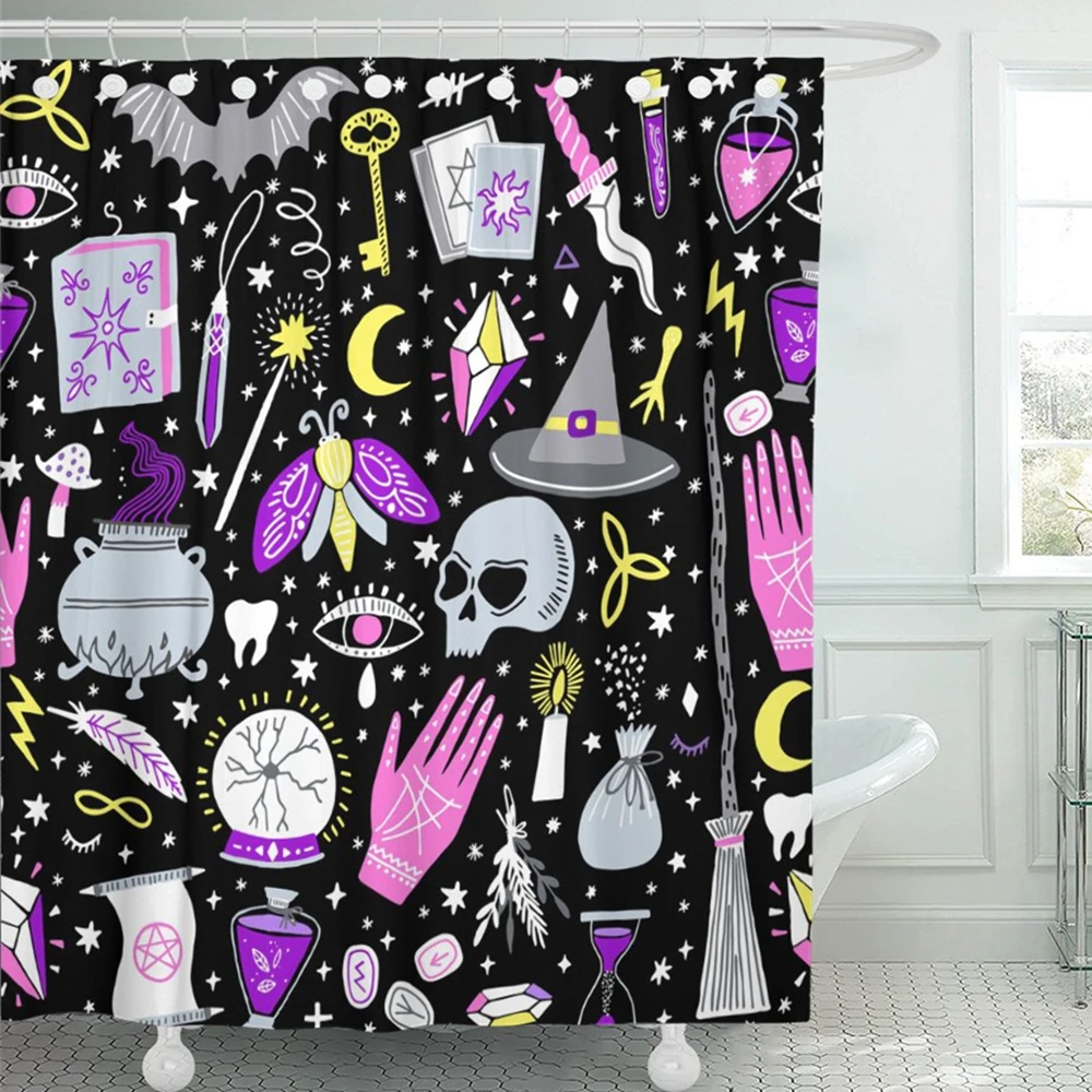 

Halloween Shower Curtain Black Alchemy Magic Witch Witchcraft Bohemian Drawing Gothic Polyester Home Bathroom Curtains Set,Hooks