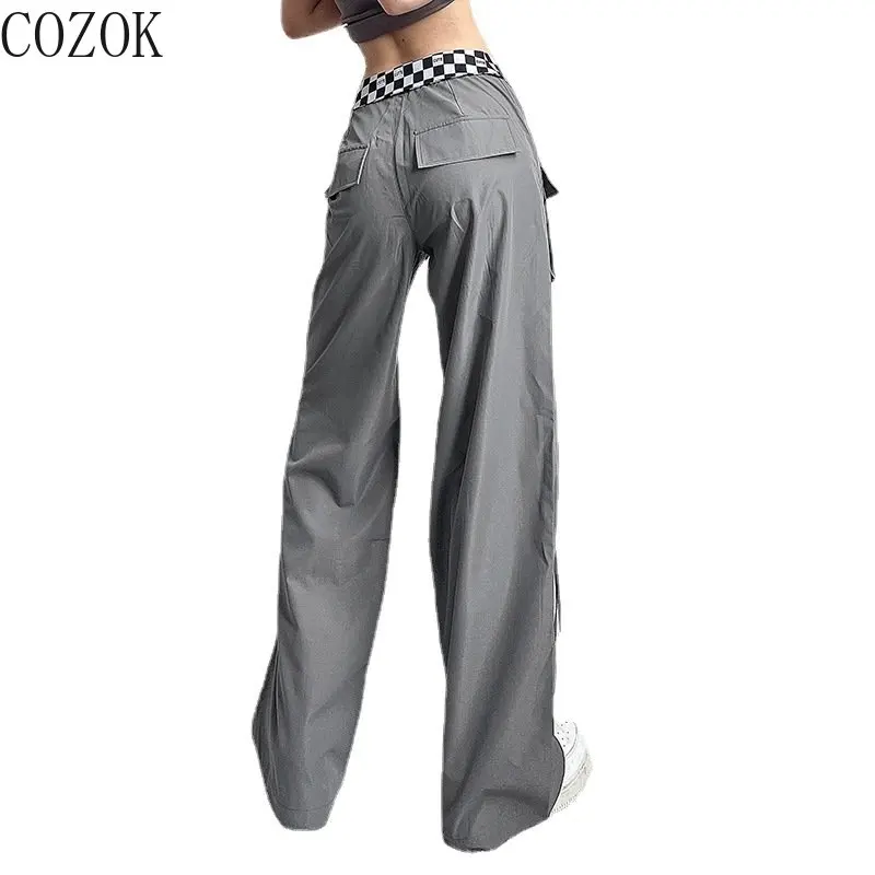 European and American Street Cool Chessboard Plaid Lapel Waist Casual Pants Cargo Pocket Ribbon Slimming Straight Pants Trousers
