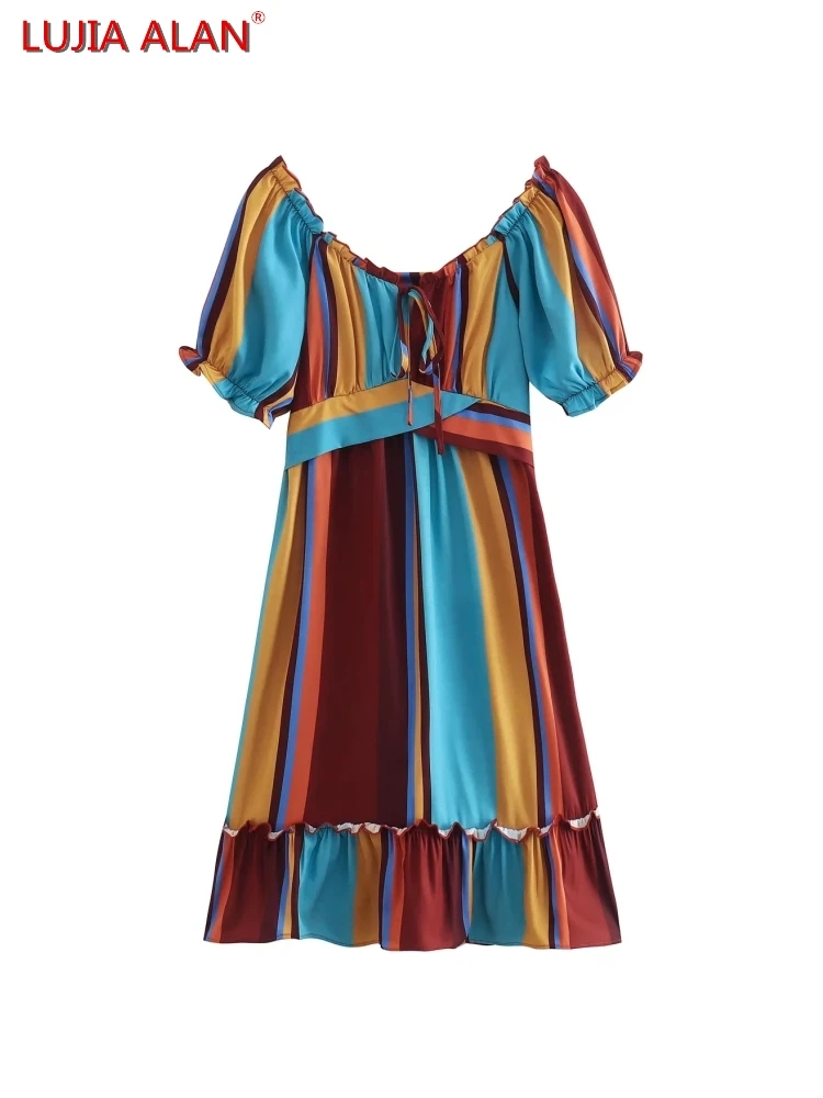 

Women Stripe Patchwork Printing Slash Neck Slim Dress Summer Female Puff Sleeve Mini Vestidos LUJIA ALAN D9711