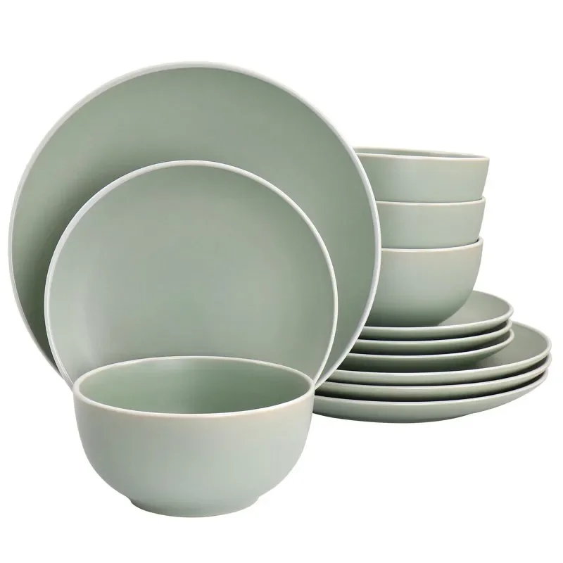 

Creamy Tahini 12 Piece Stoneware Dinnerware Set in Matte Green