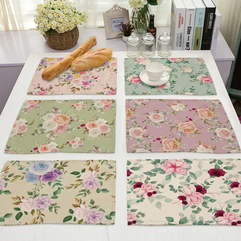 

32x42cm Floral Kitchen Placemat Colorful Rose Flower Dining Table Mat Heat Insulation Cup Bowl Coaster Pad Home Decor Coffee Mat