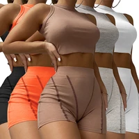 2022 new women sexy ribbed two piece set sexy crop top bodycon shorts sports fitness outfits female bulk item wholesale lots