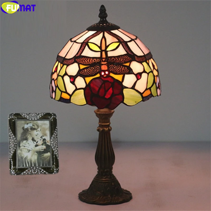 

FUMAT Tiffany Style Table Lamps Rose Dragonfly Stained Glass Lampshade Alloy Base Home Decor Desk Light Handcraft Artwork 8 Inch