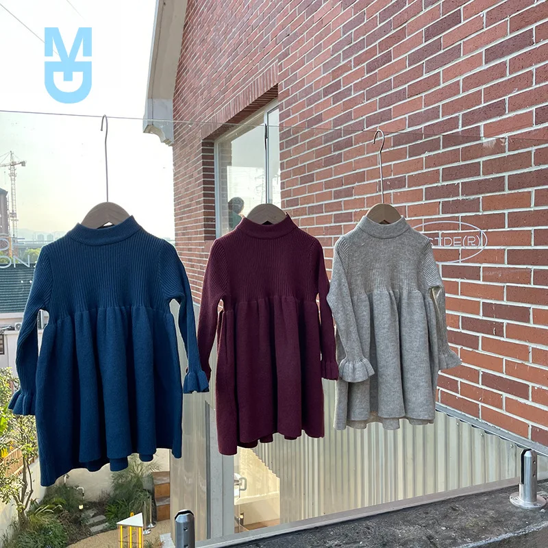 

New 2022 Winter Baby Girls Knitted Dresses Flare Sleeve Korean Style Solid Color Toddlers Kids Princess Dresses