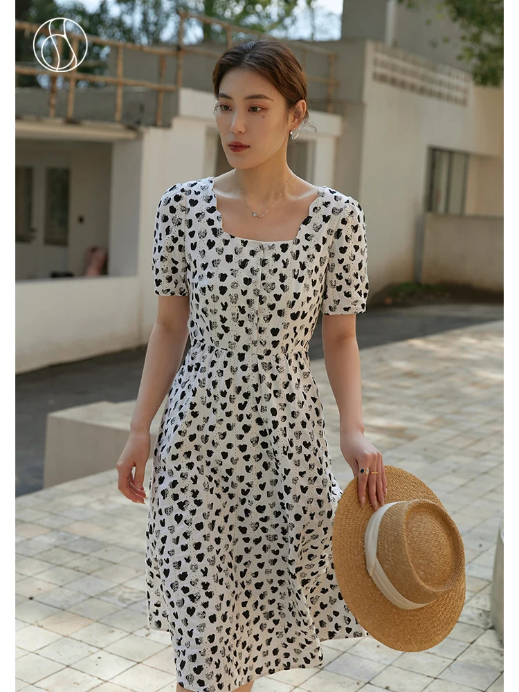 

DUSHU Slightly Fat Lady Square Neck Ful Short Sleeve Heart Printing Dress Button Mid-Calf A-LINE Dress Office Lady Cotton